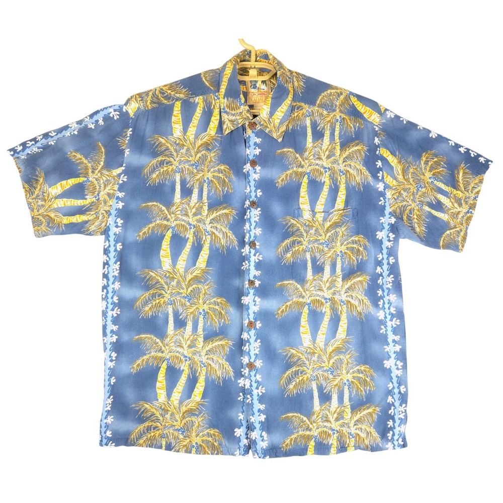 Kahala John Severson Mens Blue Palm Tree Rayon Hawaiian Camp Shirt Size L